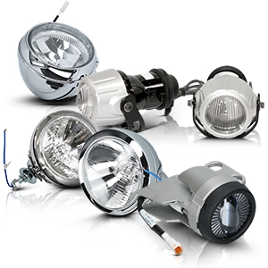 Varios faros auxiliares redondos para moto en diseños cromado y negro.